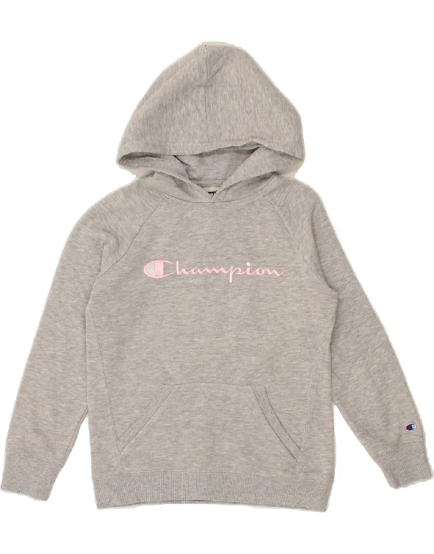 CHAMPION Girls Graphic Hoodie Jumper 10-11 Years Medium Grey Cotton Hoodie with Hem Frayed Vintage Worn