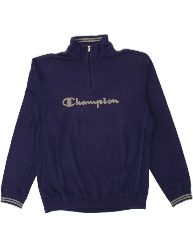 CHAMPION Mens Graphic Zip Neck Sweatshirt Jumper XL Navy Blue Cotton Hoodie with Earth Tones Natural Calm