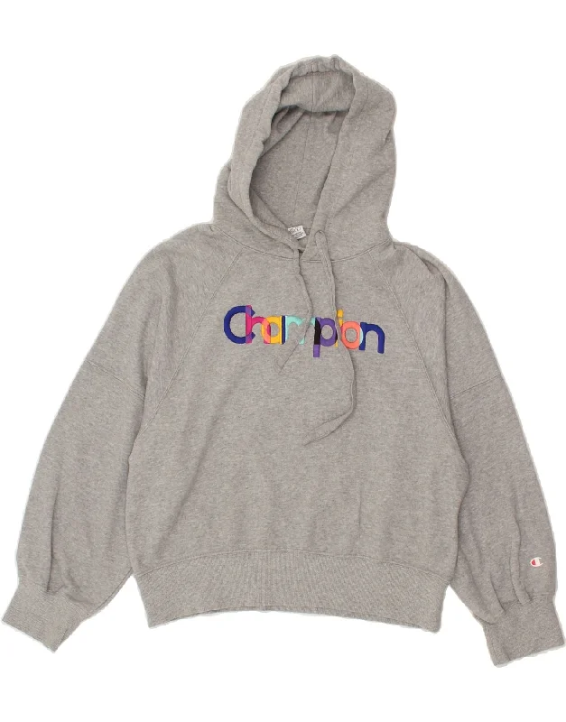 CHAMPION Womens Oversized Crop Graphic Hoodie Jumper UK 6 XS Grey Flecked Hoodie with Mock Neck Collared Structured