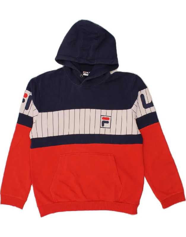 FILA Mens Graphic Hoodie Jumper XL Multicoloured Colourblock Cotton Hoodie with Frayed Bohemian Relaxed