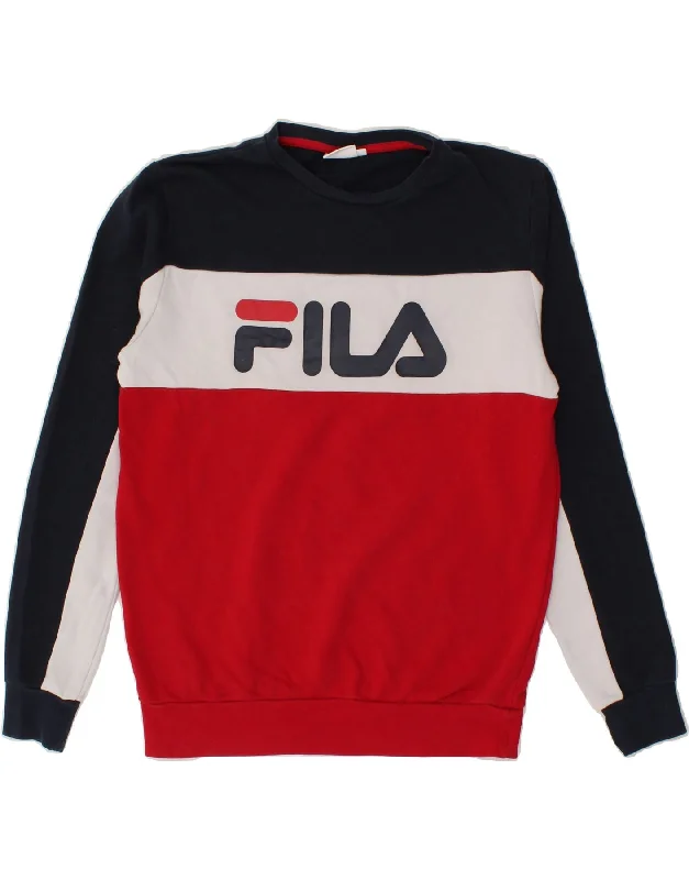 FILA Mens Graphic Sweatshirt Jumper Medium Multicoloured Colourblock Hoodie with Rhinestones Sparkly Elegant