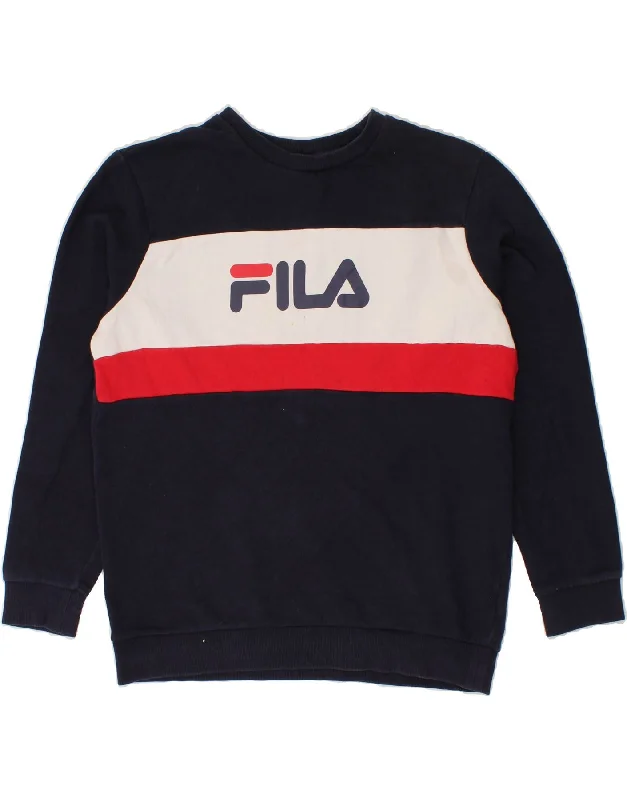 FILA Mens Graphic Sweatshirt Jumper Small Navy Blue Colourblock Cotton Hoodie with Hem Drawcord Adjustable Customizable