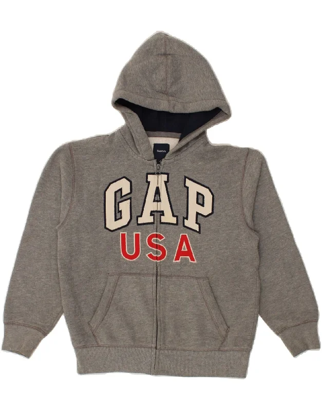 GAP Boys Graphic Zip Hoodie Sweater 9-10 Years Large Grey Cotton Hoodie with Raw Hem Edgy Unfinished