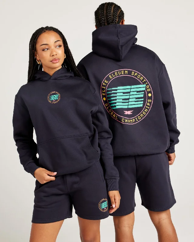 Global Championship Hoodie - Navy Hoodie with Side Slits Relaxed Casual