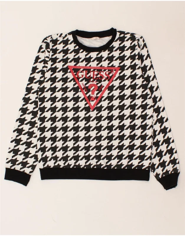 GUESS Girls Graphic Sweatshirt Jumper 15-16 Years Black Houndstooth Cotton Hoodie with Button Placket Classic Preppy