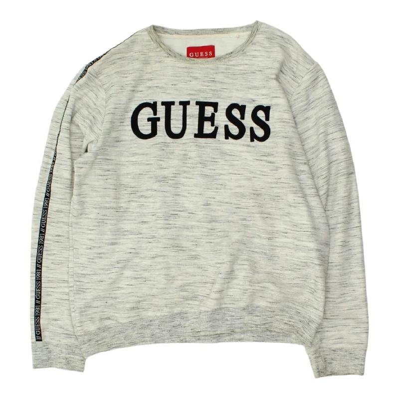 Guess Spell Out Logo Mens Heather Grey Sweatshirt | Designer Jumper VTG Hoodie with Relaxed Fit Easy Casual