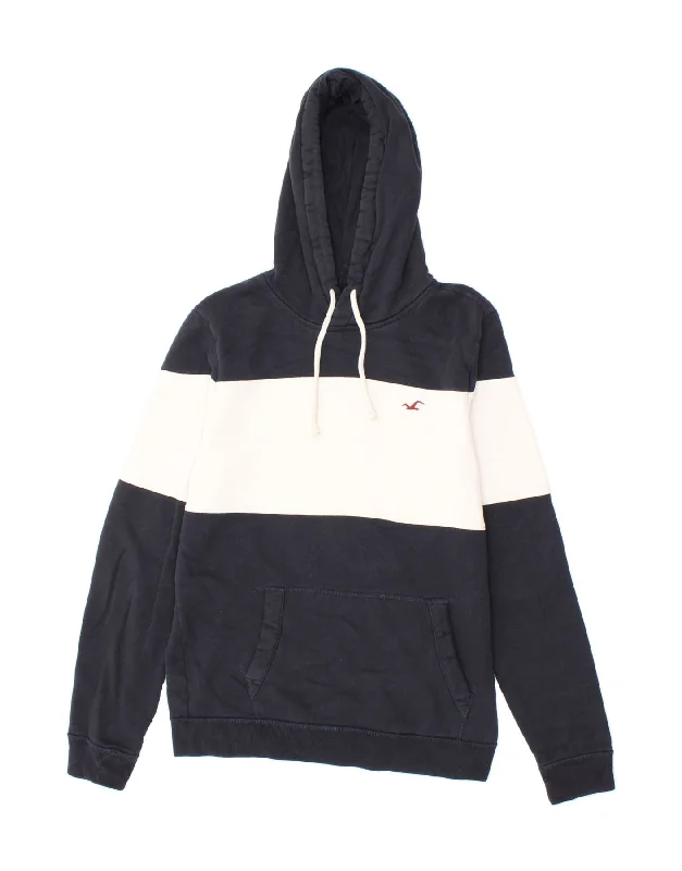 HOLLISTER Mens Hoodie Jumper Medium Navy Blue Colourblock Cotton Hoodie with Zipper Placket Modern Functional