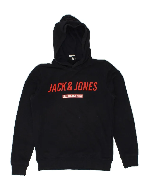 JACK & JONES Mens Graphic Hoodie Jumper Medium Navy Blue Cotton Hoodie with Ribbed Cuffs Snug Fit Comfort