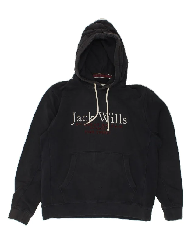 JACK WILLS Mens Graphic Hoodie Jumper Large Navy Blue Cotton Hoodie with Pocket Utility Practical