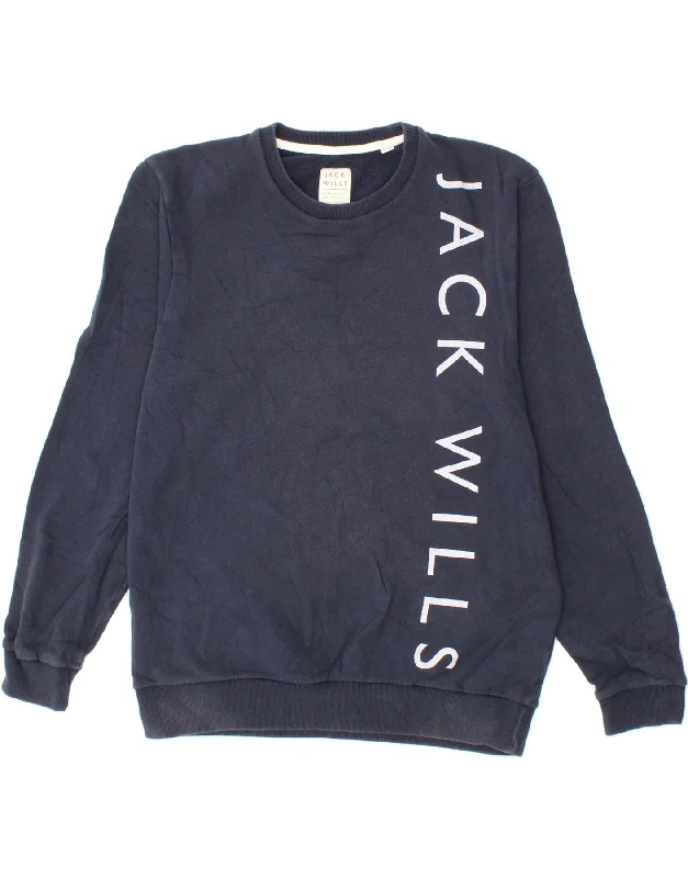 JACK WILLS Mens Graphic Sweatshirt Jumper Large Navy Blue Cotton Hoodie with Toggle Buttons Decorative Unique