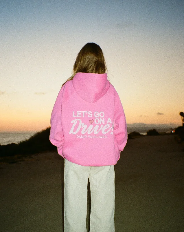 "Let's Go on a Drive" Oversized Lux Hoodie in Pink Hoodie with Button Classic Timeless