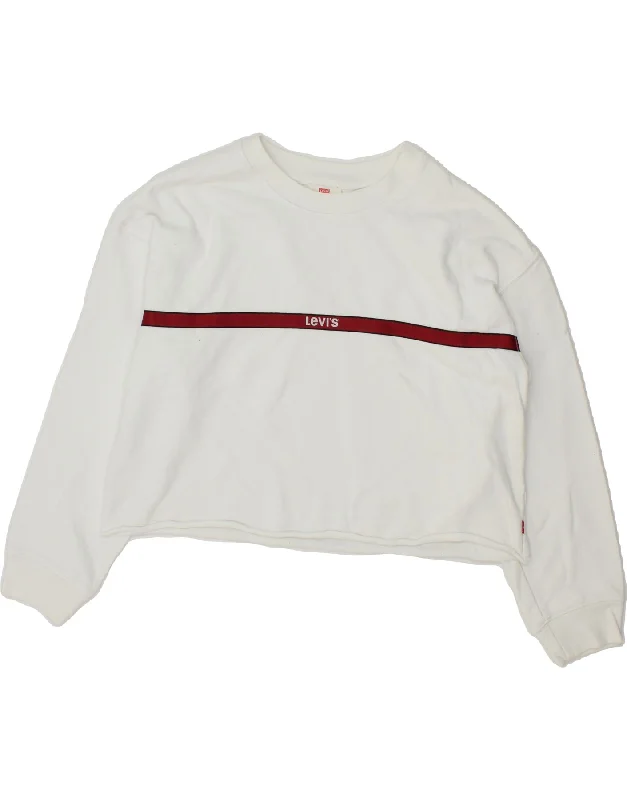 LEVI'S Womens Oversized Crop Sweatshirt Jumper UK 10 Small White Cotton Hoodie with Ribbed Hem Stretchable Secure