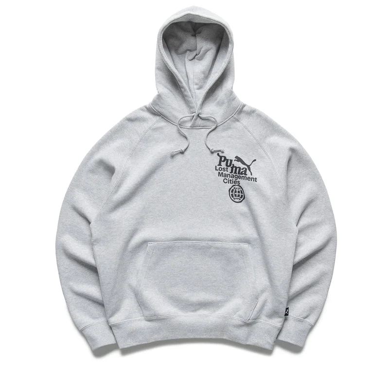 Lost Management Cities x Puma Hoodie - Light Gray Heather Hoodie with Thumb Holes Functional Cozy