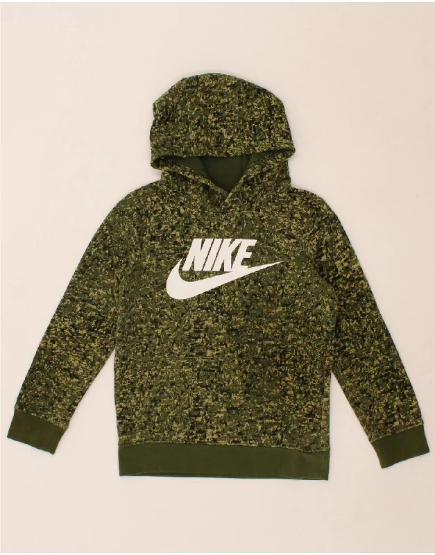 NIKE Boys Graphic Hoodie Jumper 6-7 Years Large Green Cotton Hoodie with Stripes Bold Sporty