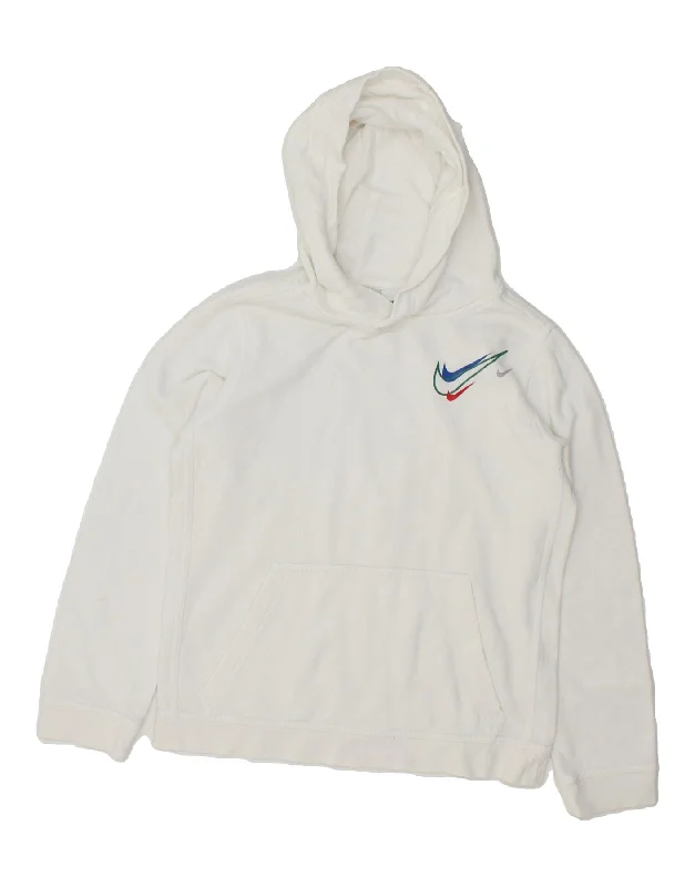 NIKE Boys Hoodie Jumper 12-13 Years Large  White Cotton Hoodie with Exposed Zipper Edgy Industrial