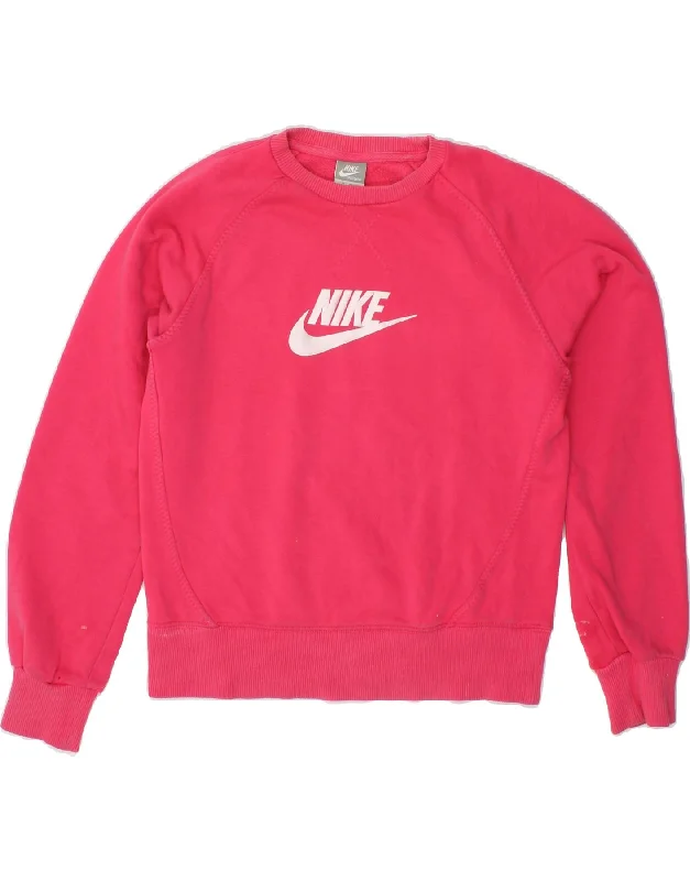 NIKE Girls Graphic Sweatshirt Jumper 13-14 Years XL Pink Cotton Hoodie with Button Classic Timeless