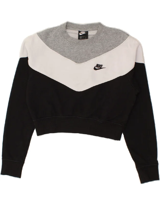 NIKE Womens Crop Sweatshirt Jumper UK 10 Small Black Colourblock Cotton Hoodie with Elastic Waist Stretchable Comfortable