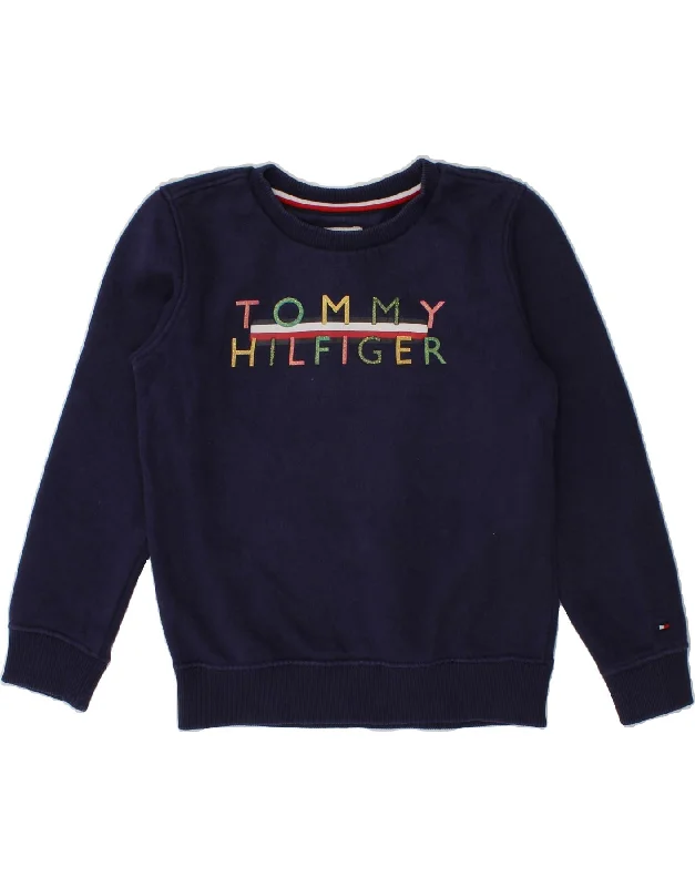 TOMMY HILFIGER Girls Graphic Sweatshirt Jumper 4-5 Years Navy Blue Cotton Hoodie with Longline Fit Extended Stylish