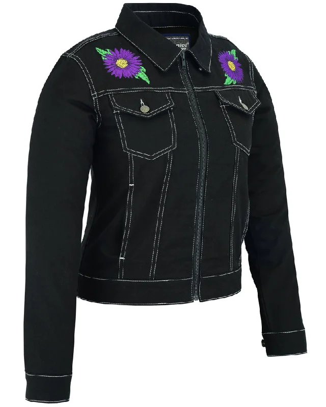 DM949 Women's Daisy Black Denim Jacket Print Jacket Jacquard Jacket Patchwork Jacket