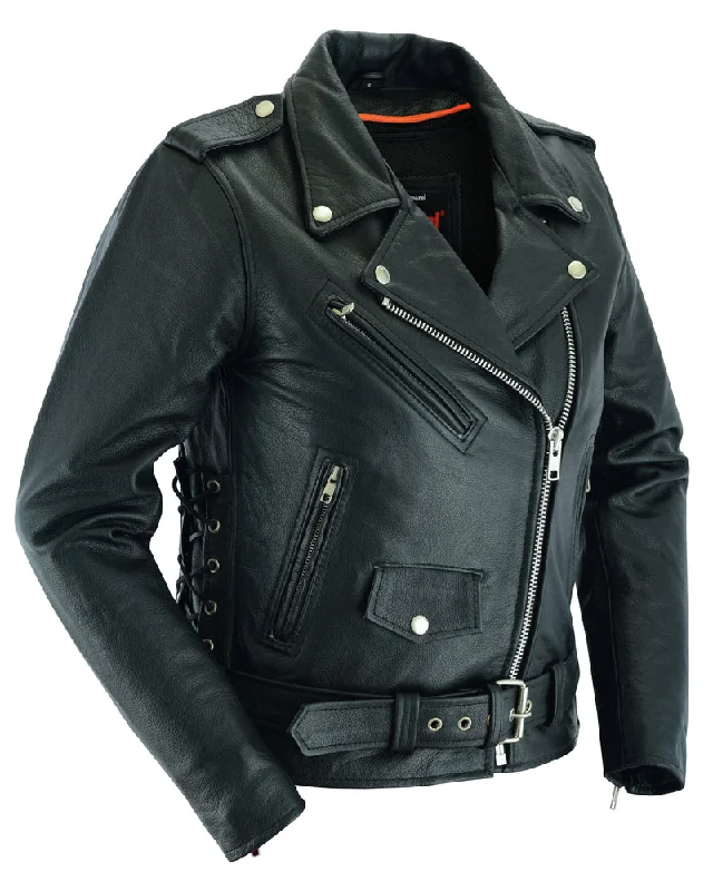 DS831 Women's Classic Side Lace Police Style M/C Jacket Welt Pockets Slit Pockets Flap Pockets