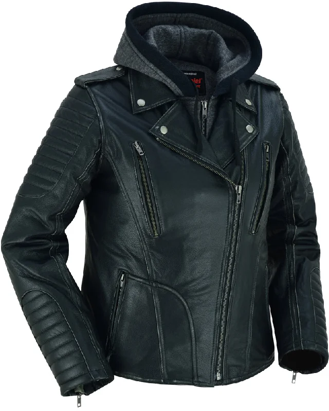 DS877 Women's M/C Jacket with Rub-Off Finish Collared Jacket Crew Neck Jacket Turtle Neck Jacket