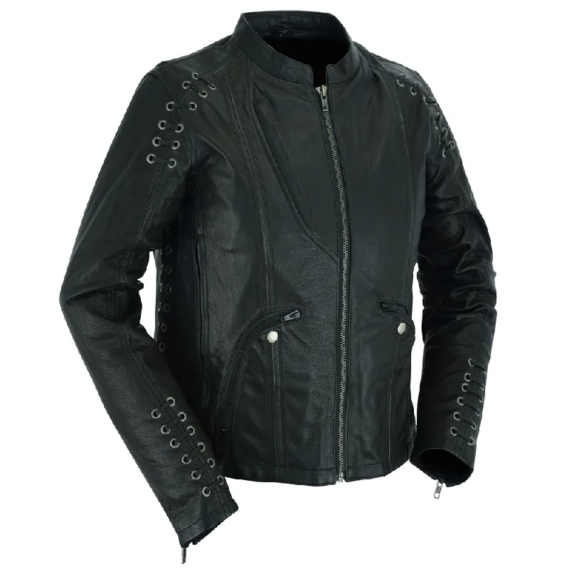 DS885 Women's Stylish Jacket with Grommet and Lacing Accents Insulated Jacket Fitted Jacket Loose Jacket