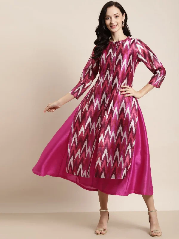 Fuchsia Anarkali Maxi With Ikat Print Jacket Wool Fabric Cashmere Fabric Tweed Fabric