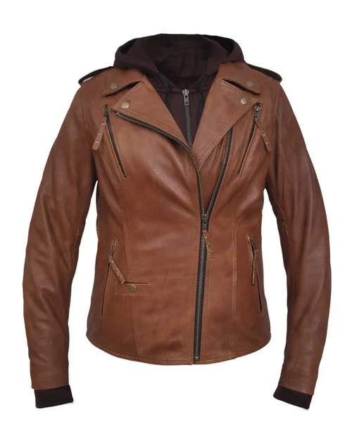 Ladies Lambskin Brown Leather Jacket with Removable Hoodie Print Jacket Jacquard Jacket Embroidered Jacket