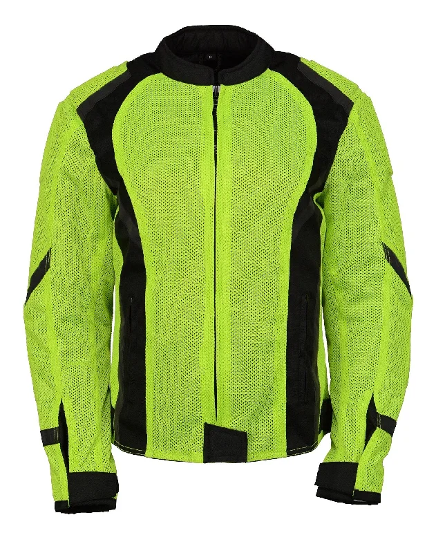 M Boss Motorcycle Apparel BOS22705 Wome'ns Hi-Vis Green Motorcycle Mesh Racer Jacket with Open Neck Appliqued Jacket Beaded Jacket Sequined Jacket