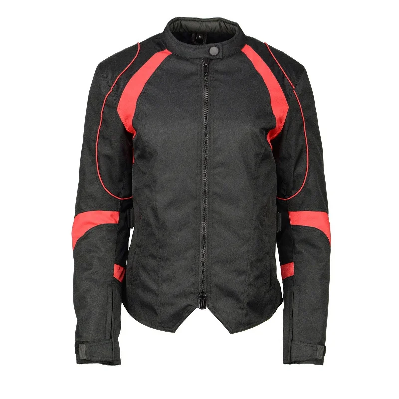 M Boss Motorcycle Apparel BOS22706 Women's Black and Red Motorcycle Biker Nylon Racer Jacket with Armor Protection Hoodie Zip-Up Jacket Button-Up Jacket