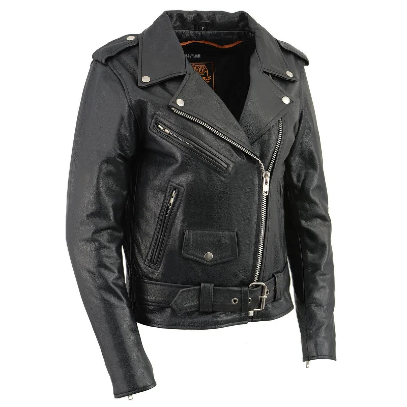 Milwaukee Leather LKL2701 Women's Classic Black Premium Leather Motorcycle Rider Jacket with Built-In Belt Satin Jacket Silk Jacket Chiffon Jacket