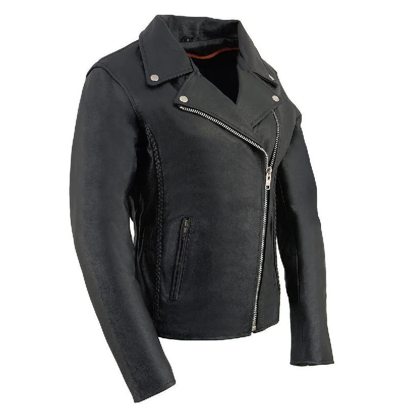 Milwaukee Leather LKL2710 Women's Classic Black Braided Motorcycle Jacket with Studded Back Elasticated Jacket Padded Jacket Insulated Jacket