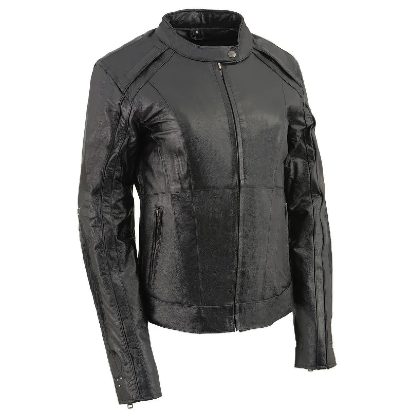 Milwaukee Leather ML1952 Women's Black 'Embroidered Wing and Stud Design' Leather Scooter Jacket V-Neck Jacket Boat Neck Jacket Square Neck Jacket