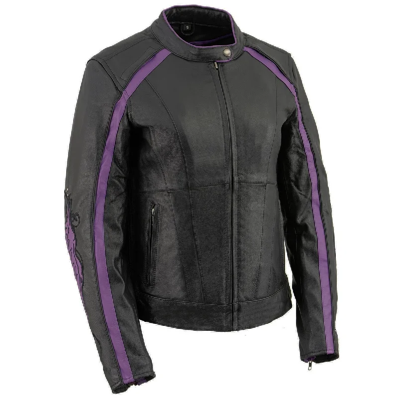 Milwaukee Leather ML1952 Women's Black and Purple Embroidered and Stud Design Scooter Jacket Mesh Jacket Canvas Jacket Denim Jacket