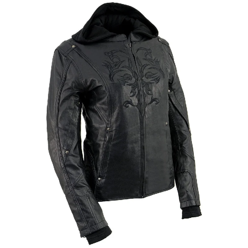 Milwaukee Leather ML2066 Women's 3/4 Black Leather Hoodie Jacket with Reflective Tribal Design Oversized Jacket Tailored Jacket Straight Jacket