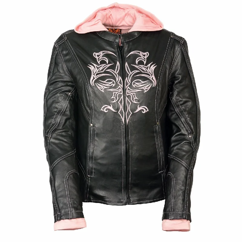 Milwaukee Leather ML2066 Women's 3/4 Black and Pink Leather Hoodie Jacket with Reflective Tribal Design Jersey Jacket Tulle Jacket Batik Jacket