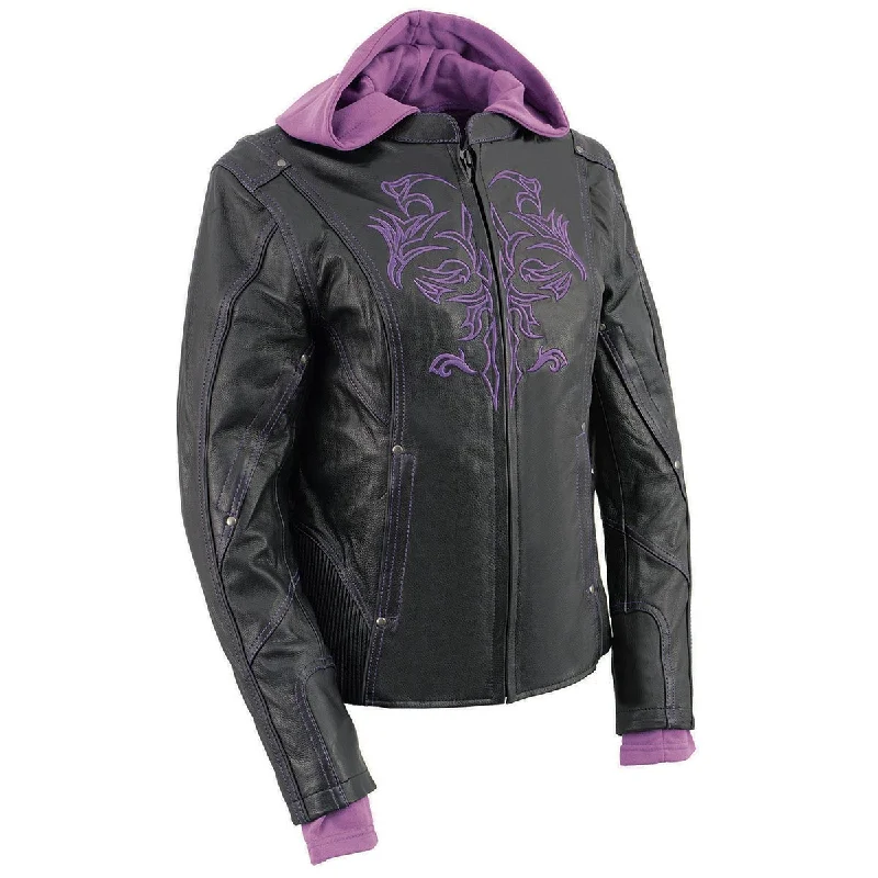 Milwaukee Leather ML2067 Women's 3/4 Black and Purple Leather Hoodie Jacket with Reflective Tribal Design Fleece Fabric Down Fabric Feather Fabric