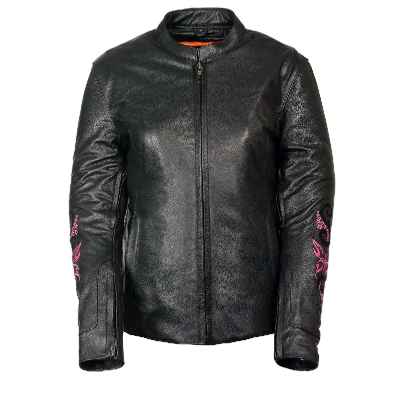 Milwaukee Leather ML2071 Ladies Black Leather Jacket with Fuchsia Butterfly Design Stand-Up Collar Roll-Neck Collar Turtle Neck