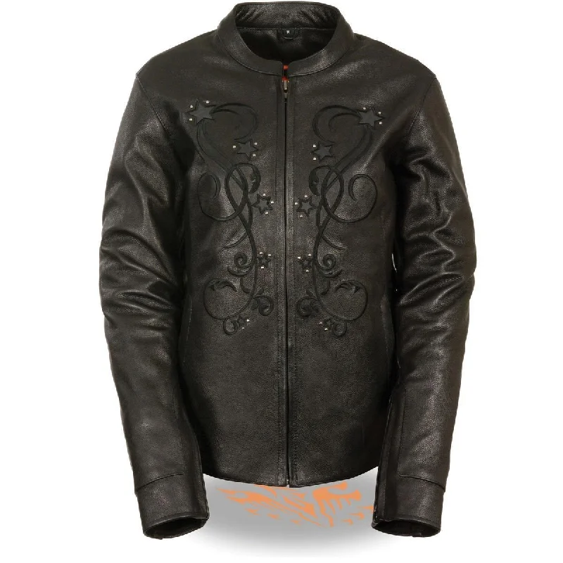 Milwaukee Leather ML2500 Women's Reflective Star Riveted Black Leather Jacket Rayon Fabric Velvet Fabric Corduroy Fabric