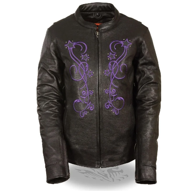 Milwaukee ML2500 Women's Reflective Star Riveted Black and Purple Leather Jacket Cotton Jacket Linen Jacket Terry Jacket