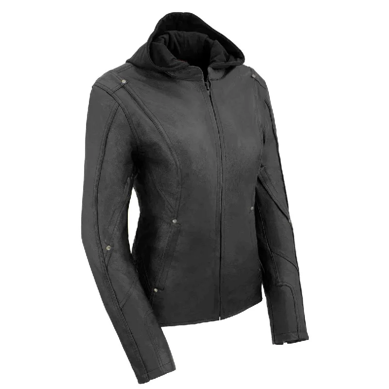 Milwaukee Leather MLL2555 Women's Black 3/4 Hooded Leather Jacket with Side Stretch Wool Fabric Cashmere Fabric Tweed Fabric