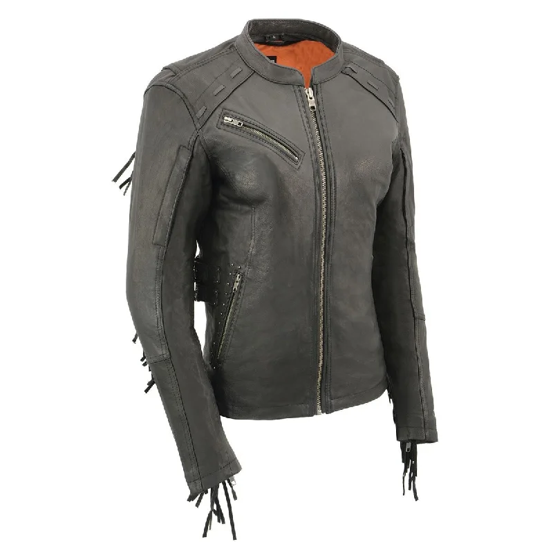 Milwaukee Leather MLL2565 Women's Black Fringed Lightweight Leather Racer Motorcycle Jacket Fitted Jacket Loose Jacket Oversized Jacket