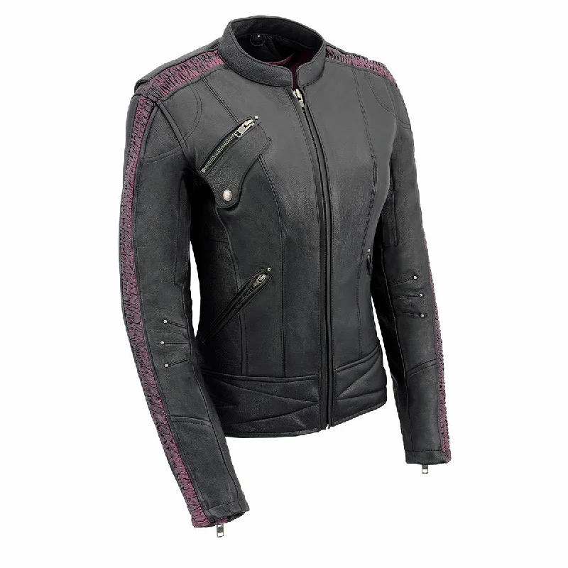 Milwaukee Leather MLL2570 Women's 'Phoenix Embroidered' Black and Fuchsia Pink Leather Motorcycle Jacket Anorak Shell Jacket Lightweight Jacket