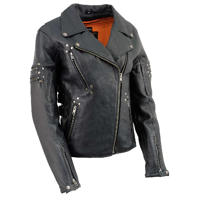 Milwaukee Leather MLL2585 Women's Black Premium Leather Motorcycle Rider Jacket with Rivets Chenille Jacket Brocade Jacket Lace Jacket