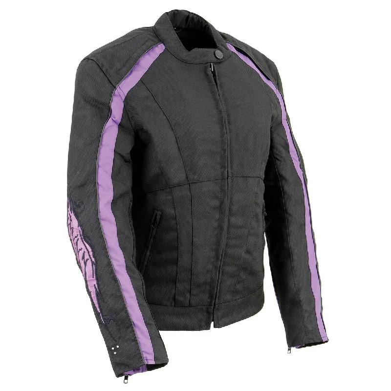 Milwaukee Leather MPL1954 Women's 'Studded Wings' Black and Purple Textile Moto Jacket Belted Jacket Elasticated Jacket Padded Jacket