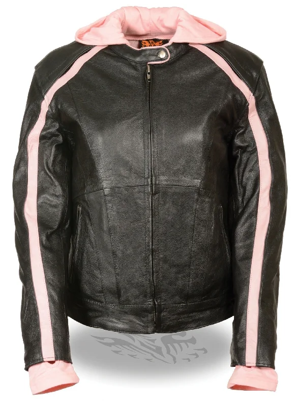 Milwaukee Leather SH1951 Women's Black and Pink Striped Leather Jacket with Zip-Out Hoodie Cotton Jacket Linen Jacket Terry Jacket