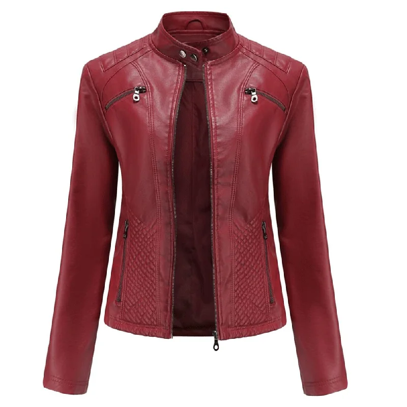 Turbo Women Leather Motorcycle Jacket Hooded Jacket Caped Jacket Shawl Collar Jacket