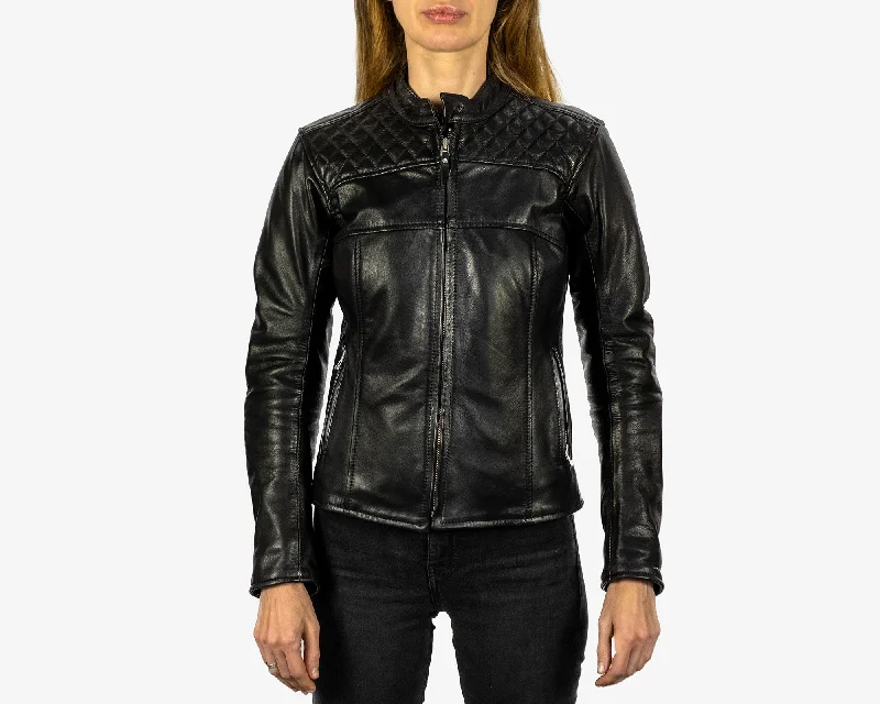 Women's Motorcycle Leather Jacket | Cafe Racer Style | Black Leather Toggled Jacket Drawstring Jacket Belted Jacket