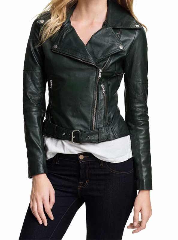 Women's Genuine Leather Motorcycle Jacket Black WJ002 Knit Fabric Woven Fabric Fleece Fabric