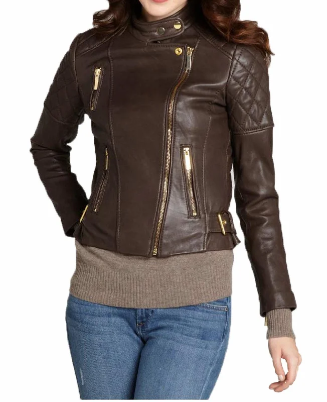 Women's Genuine Leather Motorcycle Jacket Brown WJ003 Zippered Front Buttoned Front Snap Front